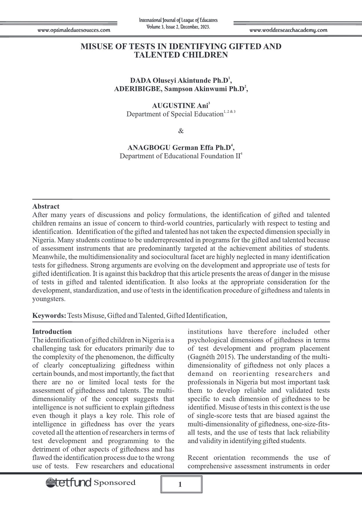 MISUSE OF TESTS IN IDENTIFYING GIFTED AND TALENTED CHILDREN ...