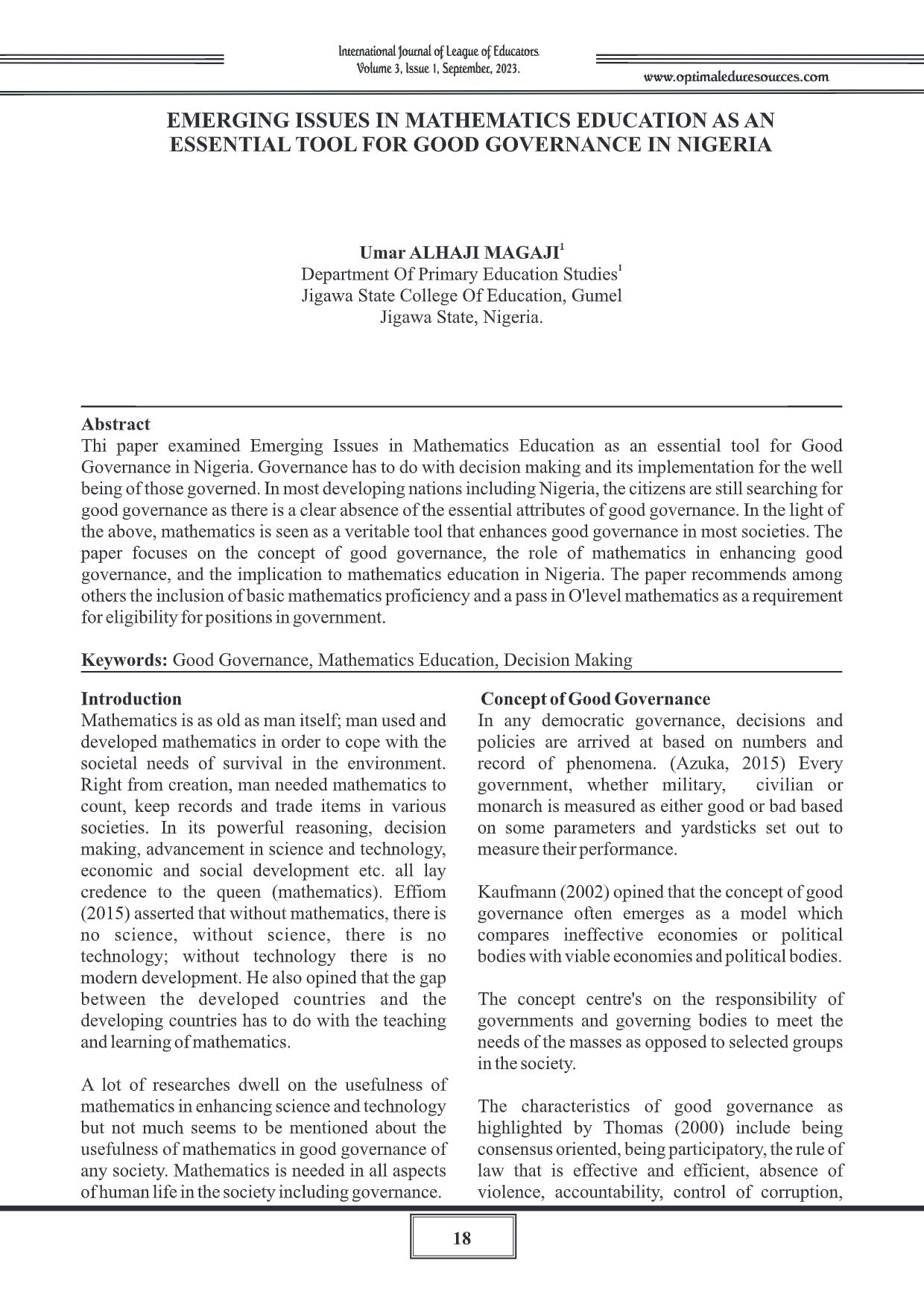 EMERGING ISSUES IN MATHEMATICS EDUCATION AS AN ESSENTIAL TOOL FOR GOOD ...